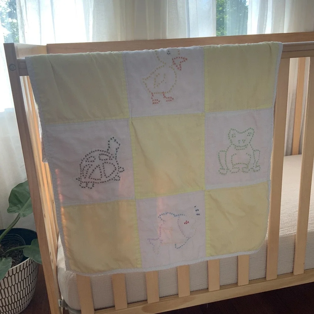 VTG Handmade Cross Stitch Baby Nursery Quilt Handmade Yellow 22x32 Dog Cat Duck